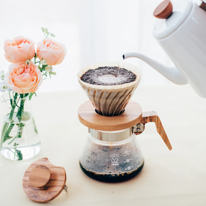 Hario V60 Glass Dripper 02, Olive Wood Holder - 3