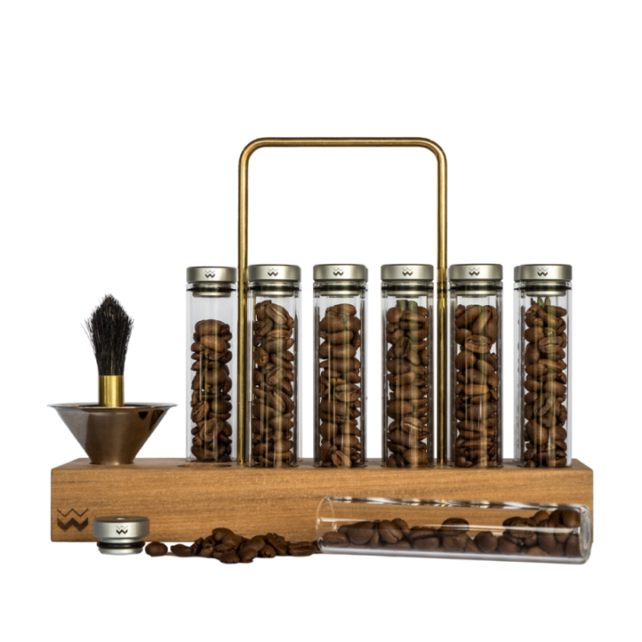 WEBER WORKSHOPS BEAN CELLAR GLASS - TEAK & BRASS BASE
